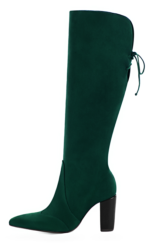 Forest green women's knee-high boots, with laces at the back. Tapered toe. Very high block heels. Made to measure. Profile view - Florence KOOIJMAN